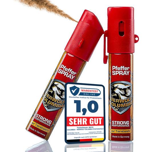 Werwolf Columbia Pfefferspray vor rot-weißem Hintergrund, frontal und seitlich abgebildet; auf dem Produkt sichtbar: Warentest-Logo mit der Note 1,0